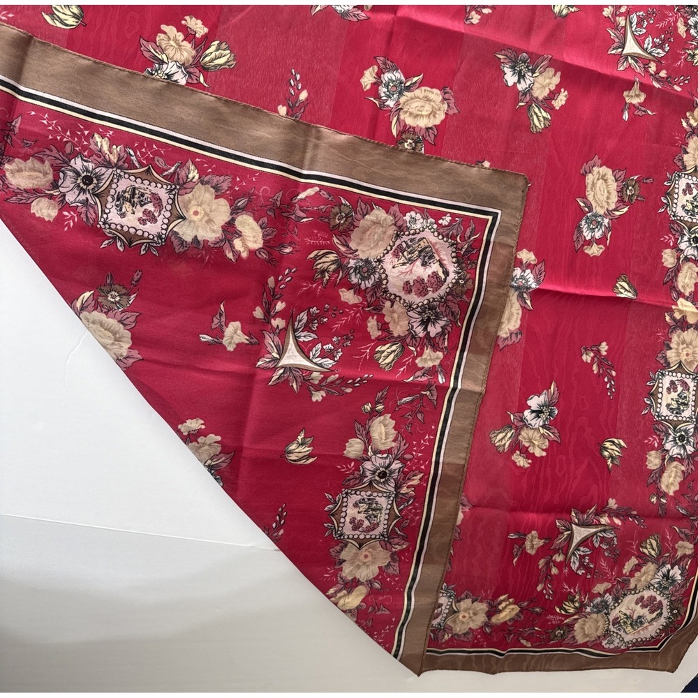 Vintage 31"sq Made In Italy RN59478 Polyester‎ Scarf Floral Brown Red Wrap Scarf